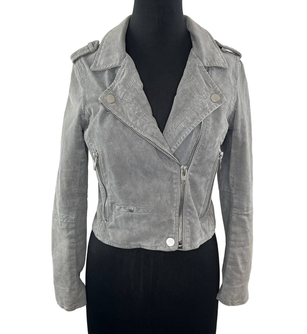 SL8 Gray Suede Leather Short Moto Jacket Asymmetric Zip Collar Pockets Rocker S